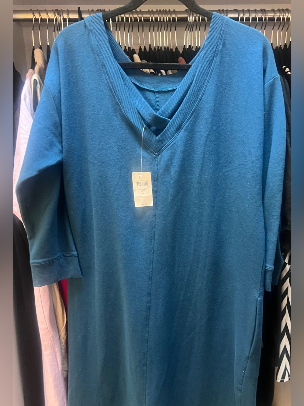 J Jill Fit, NWT, Teal Blue Midi Sweatshirt Dress with Pockets & Cross back
